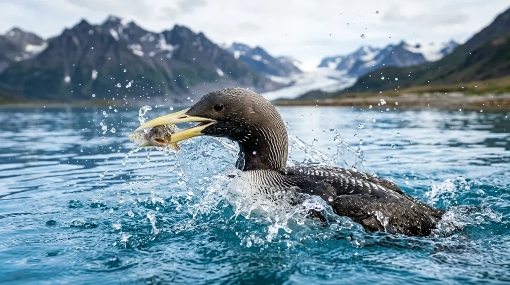 Yellow-billed Loon surfacing with a small fish in its pale yellow bill.