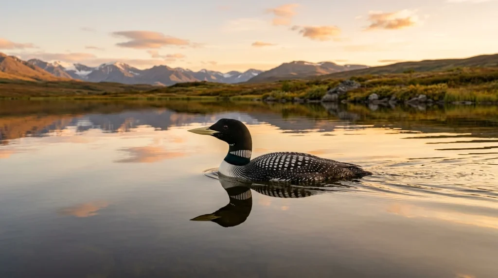 Yellow-billed Loon in full breeding plumage swimming on a calm Arctic tundra lake.