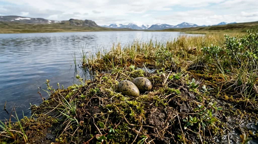 Yellow-billed Loon nest mound built on a tundra lake shoreline containing two olive-brown eggs.